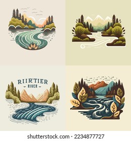 premium logo set of valley river nature mountain forest logo collection label badge vector illustration