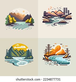 premium logo set of valley river nature mountain forest logo collection label badge vector illustration