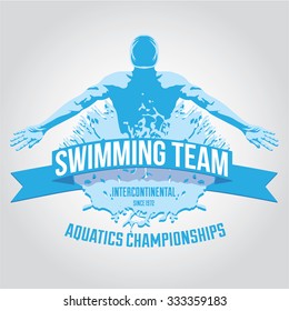 Premium logo swimmer swimming butterfly stroke and crosses the finish line