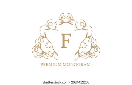 Premium logo template for restaurant, royalty, boutique, cafe, hotel, heraldry, jewelry, fashion and more. Vector illustration with letter F
