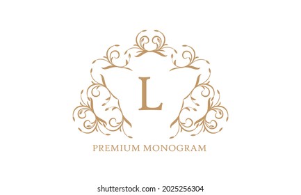 Premium logo template for restaurant, royalty, boutique, cafe, hotel, heraldry, jewelry, fashion and more. Vector illustration with letter L