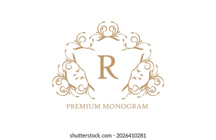 Premium logo template for restaurant, royalty, boutique, cafe, hotel, heraldry, jewelry, fashion and more. Vector illustration with letter R