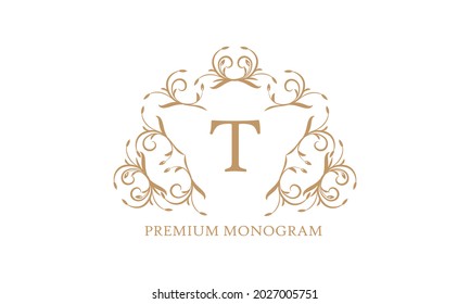 Premium logo template for restaurant, royalty, boutique, cafe, hotel, heraldry, jewelry, fashion and more. Vector illustration with letter T