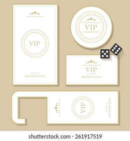 premium luxurious club membership only white casino labels, badge, door tag with golden lettering and two black dices
