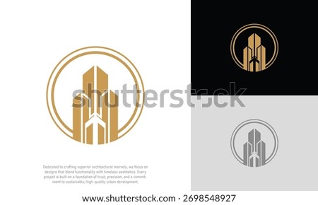 A premium, luxurious vector logo design perfect for high-end real estate companies, property developers, architecture firms, and urban construction brands. This elegant emblem features a stylised. 