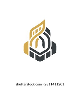 A premium luxury abstract logo vector crafted in gold and dark charcoal gray colors, forming a stylized skyscraper tower building enclosed inside a geometric hexagon shield frame. Exquisitely suited for high-end financial institutions, luxury real estate corporations, elite consulting firms, and prestigious holdings.