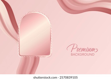 Premium Luxury Arch Frame With Soft Fluid Waveform On Pink Pastel Background. Minimal Aesthetic Design Vector Illustration For E-commerce, Beauty, Cosmetic, Fashion, Web, UI, Etc.