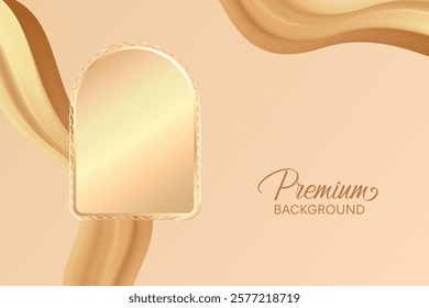 Premium Luxury Arch Frame With Soft Fluid Waveform On Gold Background. Minimal Aesthetic Design Vector Illustration For E-commerce, Beauty, Cosmetic, Fashion, Web, UI, Etc.