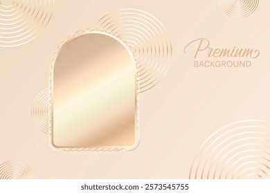 Premium Luxury Arch Frame With Swirl Pattern On Beige Pastel Background. Minimal Aesthetic Design Vector Illustration For E-commerce, Beauty, Cosmetic, Fashion, Web, UI, Etc.