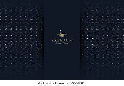 Premium luxury background with shiny golden dots glitter pattern. Elegant dark minimalist design.
Place for logo or text.