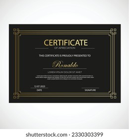 Plantilla de certificado de lujo premium. Fondo negro y borde dorado