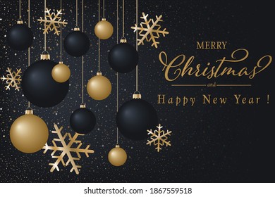 Premium luxury Christmas background for holiday greeting card. Golden decoration ornament with Christmas ball on vector black background with snowflake pattern. Gold calligraphy lettering