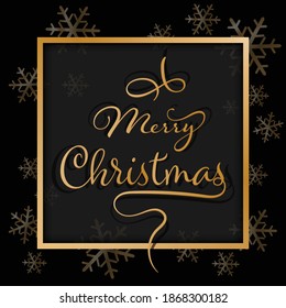 Premium luxury Christmas background for holiday greeting card. Golden decoration ornament with Christmas ball on vector black background with snowflake pattern. Gold calligraphy lettering