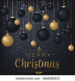 Premium luxury Christmas background for holiday greeting card. Golden decoration ornament with Christmas ball on vector black background with snowflake pattern. Gold calligraphy lettering