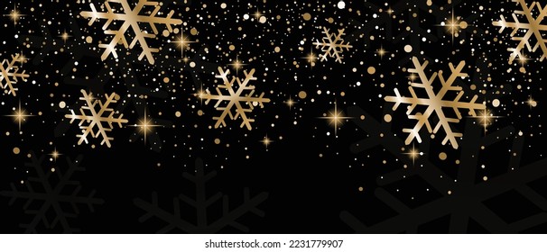 Fondo navideño de lujo premium para tarjetas de felicitación de vacaciones. Decoración dorada adornada con bola de Navidad sobre fondo negro vectorial con patrón de copo de nieve.