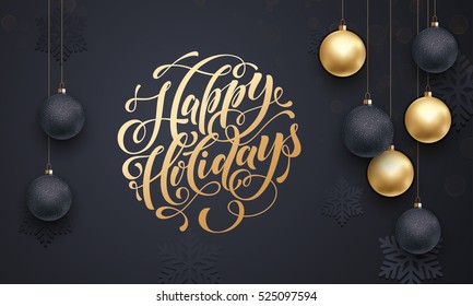 Premium luxury Christmas background for holiday greeting card. Golden decoration ornament with Christmas ball on vip black background with snowflake pattern. Gold calligraphy lettering Happy Holidays