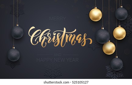 Premium Luxury Christmas Background For Holiday Greeting Card. Golden Decoration Ornament With Christmas Ball On Vip Black Background With Snowflake Pattern. Gold Calligraphy Lettering New Year