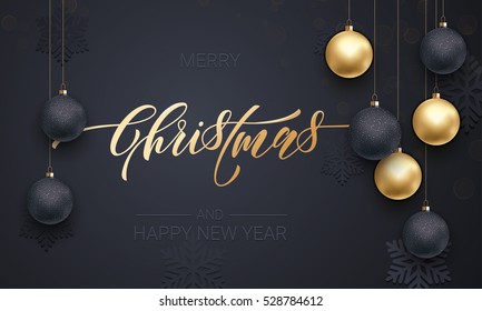 Premium luxury Christmas background for holiday greeting card. Golden decoration ornament with Christmas ball on vip black background with snowflake pattern. Gold calligraphy lettering New Year