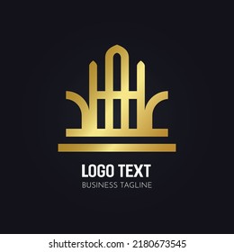 Diseño lujoso y premium del edificio del logo de la mezquita en estilo de arte de línea y color dorado