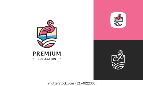 Premium luxury elegant flamingo on exotic beach logo design in vector