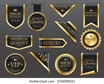 Premium, luxury golden labels, banners and ribbon corners, vector premium quality badges. Luxury tags and VIP product gold emblems or sticker seals with premium quality star and crown on silky - Shutterstock ID 2196098321