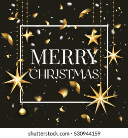 Premium luxury Merry Christmas holiday greeting card. Golden decoration ornament with Christmas star on vip black background with snowflake pattern. Gold calligraphy lettering Christmas. Vector 