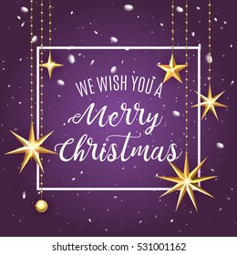 Premium luxury Merry Christmas holiday greeting card. Golden decoration ornament with Christmas star on vip purple background with snowflake pattern. Gold calligraphy lettering Christmas. Vector 