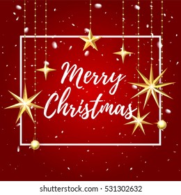 Premium luxury Merry Christmas holiday greeting card. Golden decoration ornament with Christmas star on vip red background with snowflake pattern. Gold calligraphy lettering Christmas. Vector 