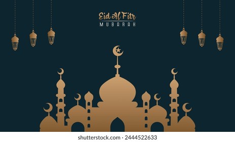 Premium luxury minimalist background design for Eid al-Fitr greetings in blue and gold