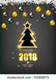Premium luxury New Year background for holiday greeting card. Golden decoration ornament with ball on vip black background with snowflake pattern. 
