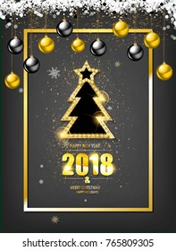 Premium luxury New Year background for holiday greeting card. Golden decoration ornament with ball on vip black background with snowflake pattern. 