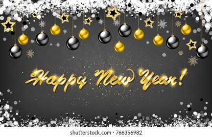 Premium luxury New Year background for holiday greeting card. Golden decoration ornament with ball on vip black background with snowflake pattern. Gold calligraphy lettering