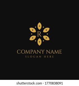 Premium Luxury R Letter Logo Design Vector Template. Gold Luxurious Fashion Beauty Company R Letter Logo Vector. Premium Flower with letter R icon design. Luxury jewelry frame gem edge logotype.