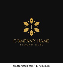 Premium Luxury T Letter Logo Design Vector Template. Gold Luxurious Fashion Beauty Company T Letter Logo Vector. Premium Flower with letter T icon design. Luxury jewelry frame gem edge logotype.