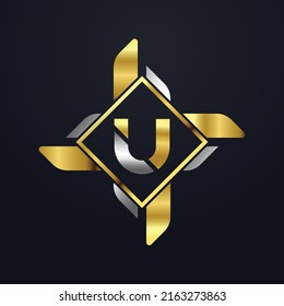 Premium lujoso Vector elegante fuente oro y plata Letra U Plantilla para el logotipo de la empresa con elemento monográfico 3d Diseño o icono