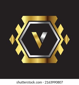 Premium-Luxus Vektor-elegante Gold-und Silber-Schriftart Letter V Vorlage für Firmenlogo mit Monogramm-Element 3d Design 