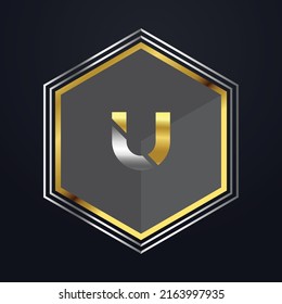 Premium lujoso Vector elegante fuente oro y plata Letra U Plantilla para el logotipo de la compañía con el elemento monograma 3d Diseño 