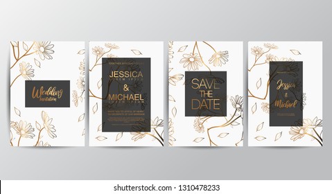 Premium luxury wedding invitation cards with gold geometric line design vector