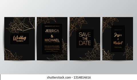 Premium luxury wedding invitation cards with gold geometric line design vector