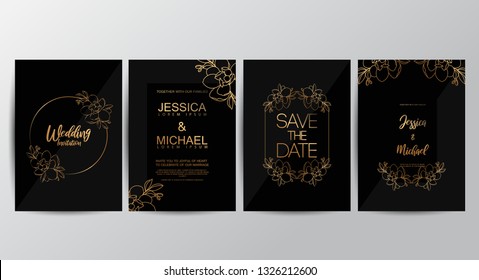 Premium luxury wedding invitation cards with gold geometric line design vector