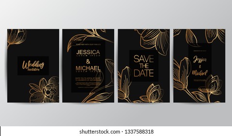 Premium luxury wedding invitation cards with gold geometric line design vector