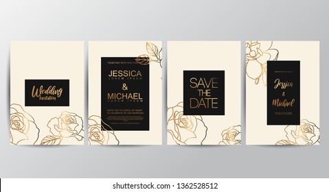 Premium luxury wedding invitation cards with gold geometric line design vector