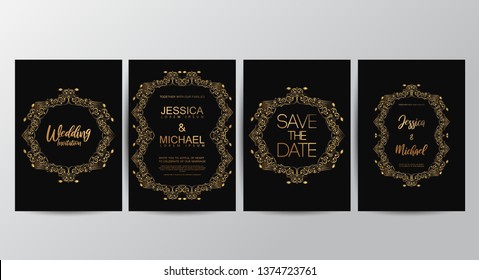 Premium luxury wedding invitation cards with gold geometric line design vector