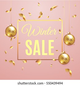 Premium luxury Winter Sale background for holiday promo banner. Golden confetti with gold Christmas ball on vip pink background. Gold calligraphy lettering. Vector illustration