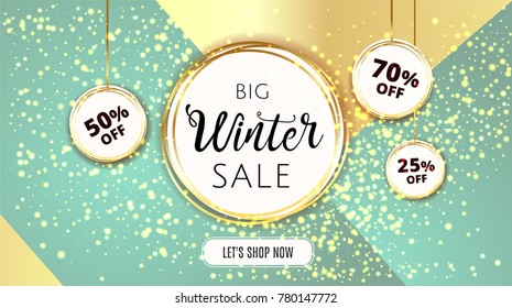 Premium luxury Winter Sale background for holiday promo banner. Golden confetti with gold Christmas ball on vip modern blue background. Gold calligraphy lettering. Vector illustration