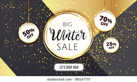 Premium luxury Winter Sale background for holiday promo banner. Golden confetti with gold Christmas ball on vip modern gold and black background. Gold calligraphy lettering. Vector stock illustration