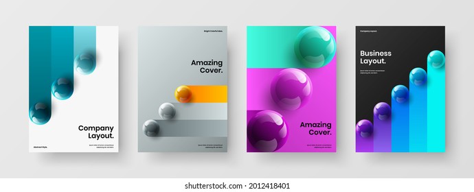 Premium magazine cover A4 vector design layout set. Geometric 3D spheres handbill template collection.