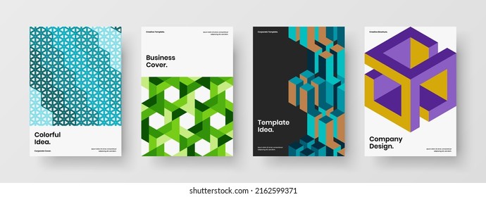 Premium magazine cover vector design concept set. Colorful mosaic hexagons placard layout composition.