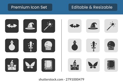 Premium Magical Wizardry Vector Icon Set for Fantasy Games Sorcerer Castles Alchemy Experiments Mystic Fortunes and Fairytale Legend Storybooks featuring Clean Solid and Line Outline Vectors