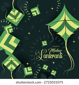 Fondo de Premium Makar Sankranti con cometas geométricas verdes y tipografía de escritura elegante sobre un fondo esmeralda oscuro; diseño sofisticado para tarjetas de felicitación del festival indio de cometas
